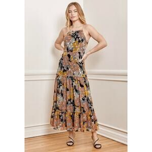 Lulus Wonderful Memories Black Yellow Floral Jacquard Flowy Tiered Midi Dress‎
